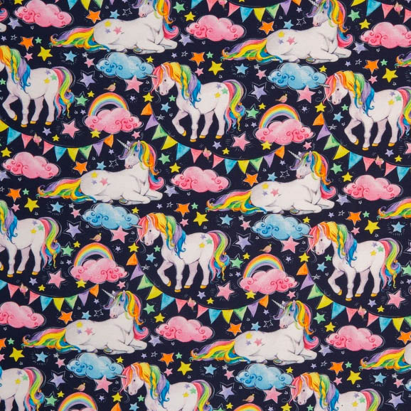 Katoen Tricot blauw met eenhoorns